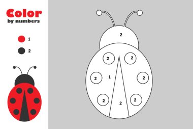 Uğur böceği çizgi film tarzı, numara, eğitim kağıt çocukların, gelişimi için oyun renkleriyle boyama sayfası, çocuklar okul öncesi etkinlik, yazdırılabilir çalışma, vektör çizim