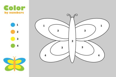 Kelebek karikatür tarzı, numara, eğitim kağıt boyama sayfası, çocuklar okul öncesi etkinlik, yazdırılabilir çalışma, vektör çizim çocuk gelişimi için oyun renkleriyle
