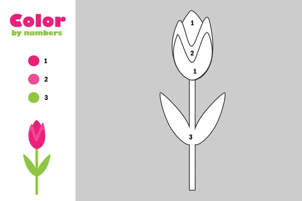 Tulipán en estilo de dibujos animados, color por número, juego de papel educativo para el desarrollo de los niños, página para colorear, actividad preescolar para niños, hoja de trabajo imprimible, ilustración vectorial — Vector de stock