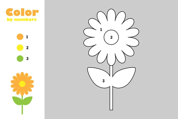 Flori în stil desene animate, culoare după număr, educație joc de hârtie pentru dezvoltarea copiilor, pagina de colorat, copii activitate preșcolară, foaie de lucru tipărită, ilustrație vectorială — Vector de stoc