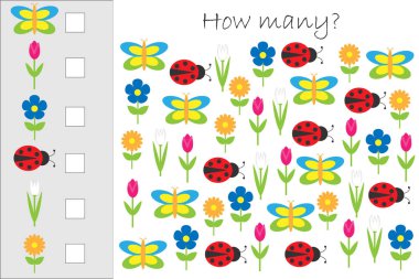Kaç sayım oyunu, çocuklar için yaz resimlerle eğitim matematik mantıksal düşünme, okul öncesi çalışma sayfası etkinlik, Kont gelişimi için görev ve sonuç, vektör çizim yazmak