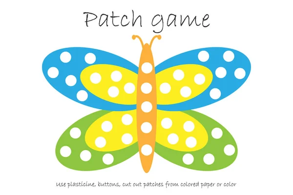 Education Patch game butterfly for children to develop motor skills, use plasticine patches, buttons, colored paper or color the page, kids preschool activity, printable worksheet, vector — Stock Vector