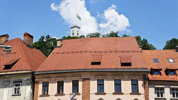 Dachy budynków w centrum miasta, w słoneczny dzień, Lublana, Słowenia — Zdjęcie stockowe