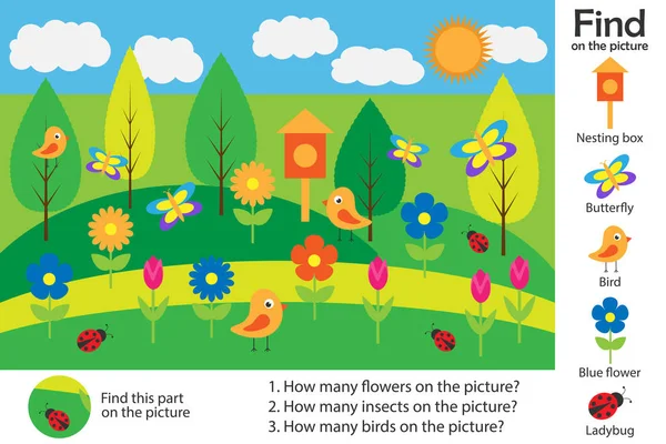 Activity page, spring picture in cartoon style, find images and answer the questions, visual education game for the development of children, kids preschool activity, worksheet, vector illustration — Stock Vector