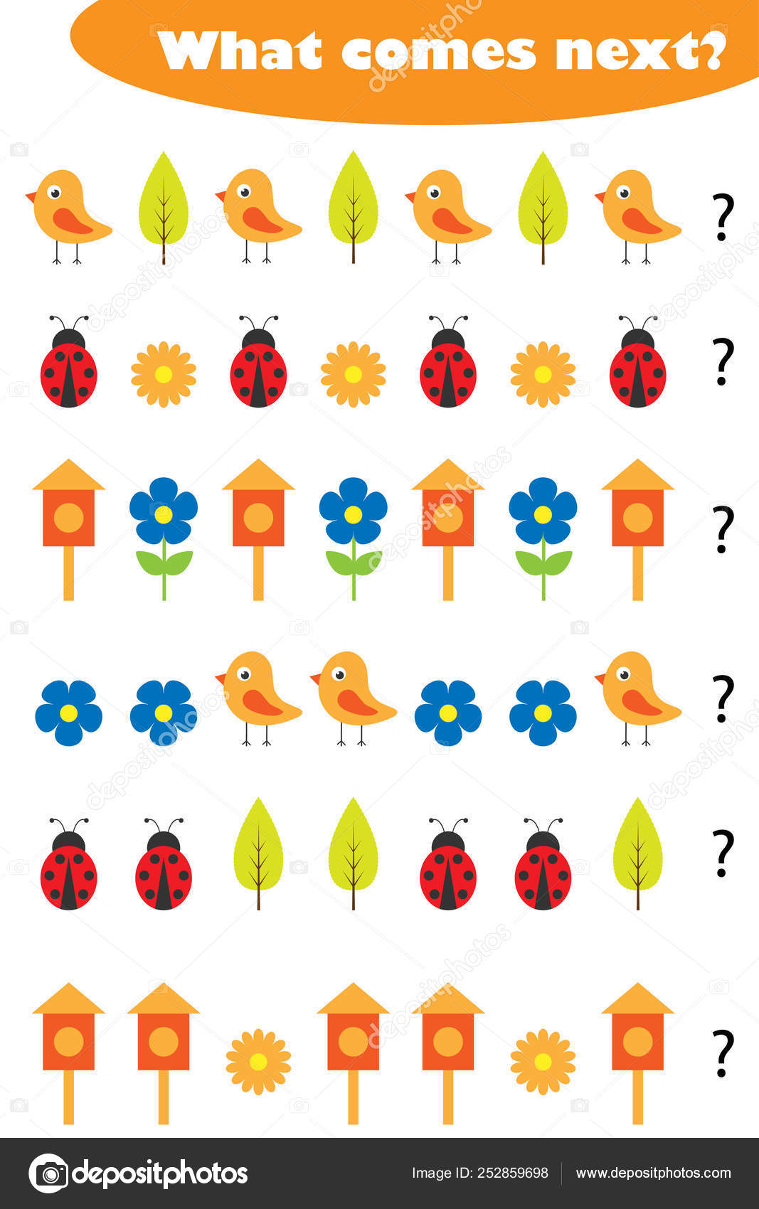 Hva kommer så med vårbilder til barn, moro undervisningsspill til barn,  aktivitet i barnehager, oppgave for utvikling av logisk tenkning,  vektorillustrasjon stockvektor © olya.by@mail.ru #252859698, image size:1067x1700