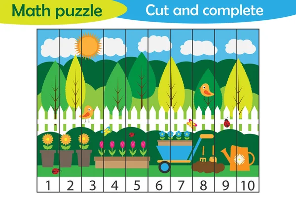 Math puzzel, lente tuin foto in cartoon stijl, onderwijs voor ontwikkeling van kleuters, spel gebruiken van schaar, gesneden delen van de afbeelding en het plaatje, vectorillustratie compleet — Stockvector