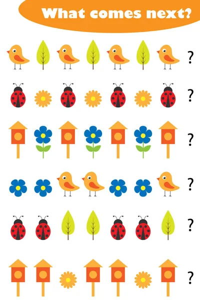 Was kommt als nächstes mit Frühlingsbildern für Kinder, lustigem Bildungsspiel für Kinder, Arbeitsblatt-Aktivität für Vorschulkinder, Aufgabe zur Entwicklung des logischen Denkens, Vektorillustration — Stockvektor