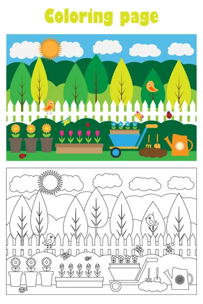 Imagen de jardín con flores en estilo de dibujos animados, página para colorear de verano, juego de papel educativo para el desarrollo de los niños, actividad preescolar para niños, hoja de cálculo imprimible, ilustración vectorial — Vector de stock