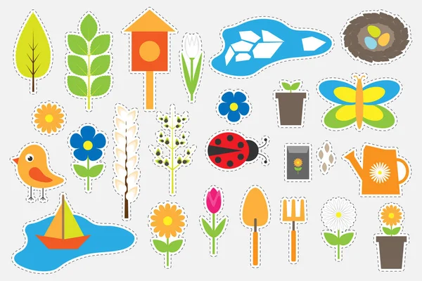 Verschillende kleurrijke lente en tuin foto's voor kinderen, leuk onderwijs spel voor kinderen, voorschoolse activiteit, stickers, vector illustratie — Stockvector