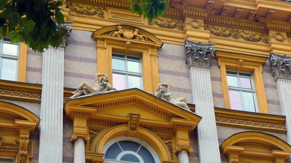 Part of old building, beautiful architecture with sculptures, sunny day, Zagreb, Croatia