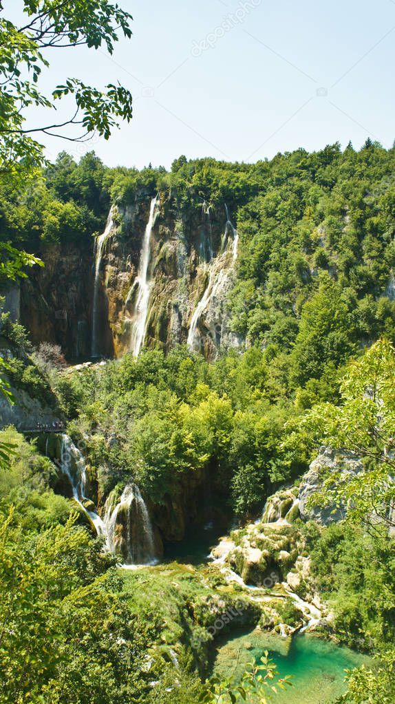 Scenic view of the large waterfall, Plitvice Lakes in Croatia, National Park, sunny day
