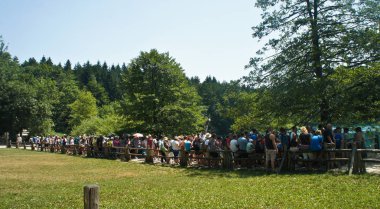 Feribot, Plitvice Lakes Hırvatistan, Milli Parkı, güneşli gün için kalın çizgi