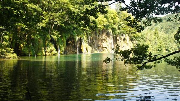 Cachoeiras e árvores, bela paisagem natural, Plitvice Lagos na Croácia, Parque Nacional, dia ensolarado — Fotografia de Stock