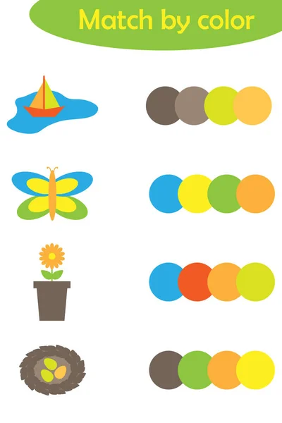 Odpovídající hra pro děti, připojte barevné jarní obrázky stejné barevné palety, školka listu aktivita pro děti, úkol pro rozvoj logického myšlení, vektorové ilustrace — Stockový vektor