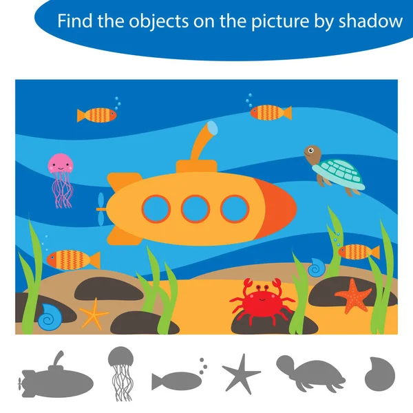 Encontrar los objetos por sombra, juego submarino para niños en estilo de dibujos animados, juego de educación para niños, actividad de hoja de trabajo preescolar, tarea para el desarrollo del pensamiento lógico, ilustración vectorial — Vector de stock