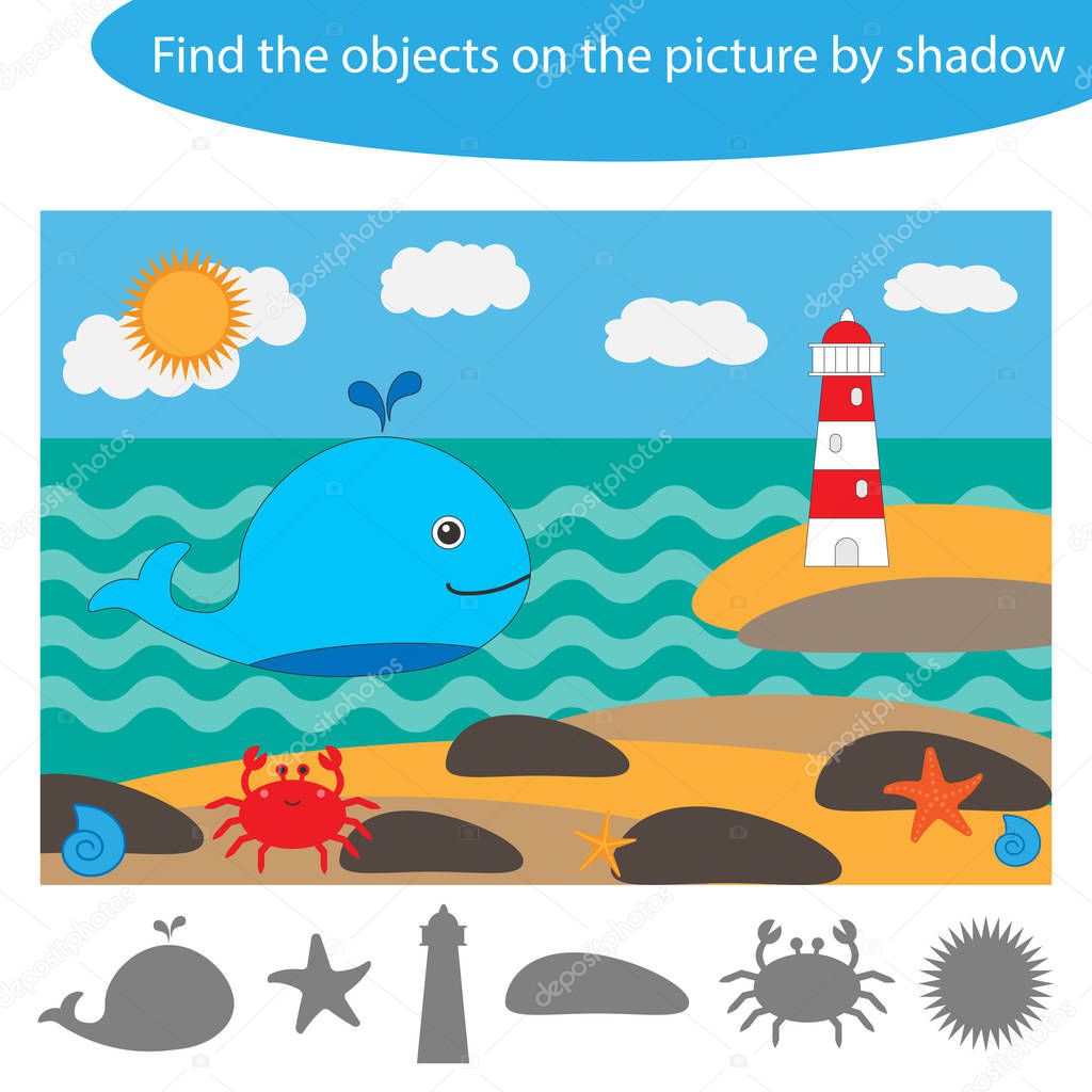 Find the objects by shadow, marine game for children in cartoon style, education game for kids, preschool worksheet activity, task for the development of logical thinking, vector illustration