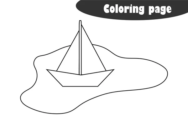 Pocsolya egy papír csónak rajzfilm stílusú, színező oldal, tavaszi oktatási papír játék fejlesztésére a gyermekek, gyerekek óvodai tevékenység, nyomtatható munkalap, vektor illusztráció — Stock Vector
