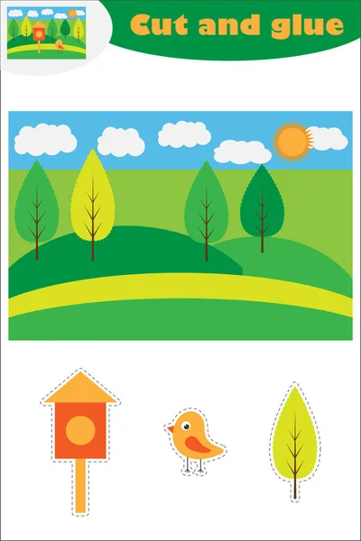 Dibujos animados de aves y cajas de anidación, juego de educación para el desarrollo de niños preescolares, use tijeras y pegamento para crear el apliques, corte partes de la imagen y pegamento en el papel, ilustración vectorial — Vector de stock
