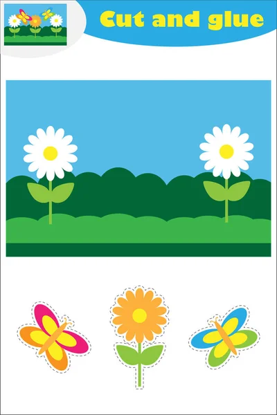 Papillon et fleurs dessin animé, jeu éducatif pour le développement des enfants d'âge préscolaire, utiliser des ciseaux et de la colle pour créer l'application, couper des parties de l'image et de la colle sur le papier, illustration vectorielle — Image vectorielle