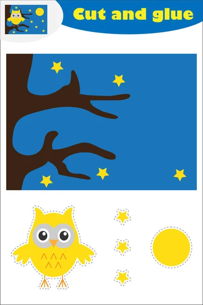 Hibou sur la branche dessin animé, jeu éducatif pour le développement des enfants d'âge préscolaire, utiliser des ciseaux et de la colle pour créer l'application, couper des parties de l'image et de la colle sur le papier, illustration vectorielle — Image vectorielle