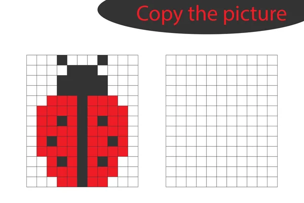 Copiez l'image, pixel art, dessin animé coccinelle, formation aux compétences de dessin, jeu de papier éducatif pour le développement des enfants, activité préscolaire pour enfants, feuille de calcul imprimable, illustration vectorielle — Image vectorielle