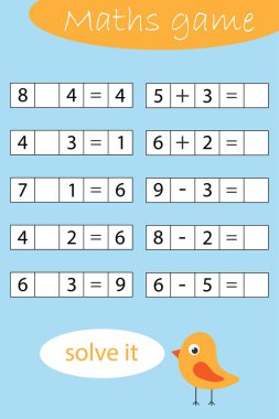 Çocuklar için matematik oyunu, bir çözüm bulmak, çözmek ve sonuç yazmak, çocuklar için eğitim oyunu, okul çalışma sayfası etkinliği, mantıksal düşünme gelişimi için görev, vektör illüstrasyon