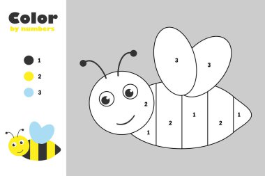 Çizgi film tarzında arı, sayıya göre renk, çocukların gelişimi için eğitim kağıdı oyunu, boyama sayfası, çocuk okul öncesi etkinliği, yazdırılabilir çalışma sayfası, vektör çizimi