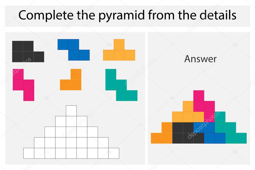 Puzzle game with colorful details for children, complete pyramid, middle level, education game for kids, preschool worksheet activity, task for the development of logical thinking, vector illustration