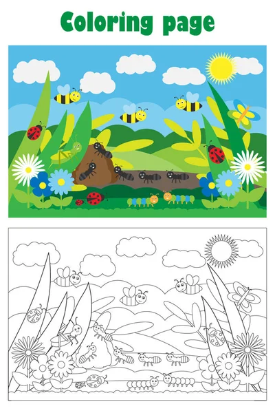 Glade met insect en bloemen in cartoon stijl, zomer kleurplaat pagina, onderwijs papier spel voor de ontwikkeling van kinderen, kinderen Preschool activiteit, afdrukbare werkblad, vector illustratie — Stockvector