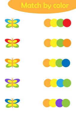 Çocuklar için eşleştirme oyunu, aynı renk paleti ile renkli kelebekler bağlamak, çocuklar için okul öncesi çalışma sayfası etkinliği, mantıksal düşünme gelişimi için görev, vektör illüstrasyon