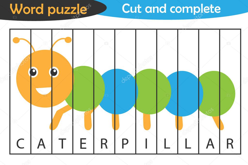 Word puzzle, caterpillar in cartoon style, education game for development of preschool children, use scissors, cut parts of the image and complete the picture, vector illustration