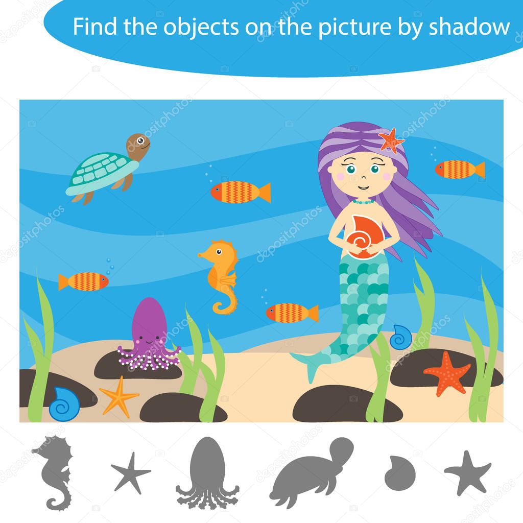 Find the objects by shadow, ocean game for children in cartoon style, education game for kids, preschool worksheet activity, task for the development of logical thinking, vector illustration