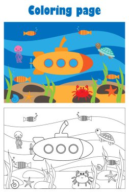 Submarine under water in cartoon style, summer coloring page, education paper game for the development of children, kids preschool activity, printable worksheet, vector illustration clipart