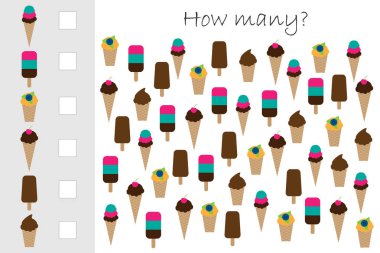 Çocuklar için dondurma ile kaç sayma oyunu, mantıksal düşünme gelişimi için eğitim matematik görevi, okul öncesi çalışma sayfası etkinliği, saymak ve sonucu yazmak, vektör illüstrasyon