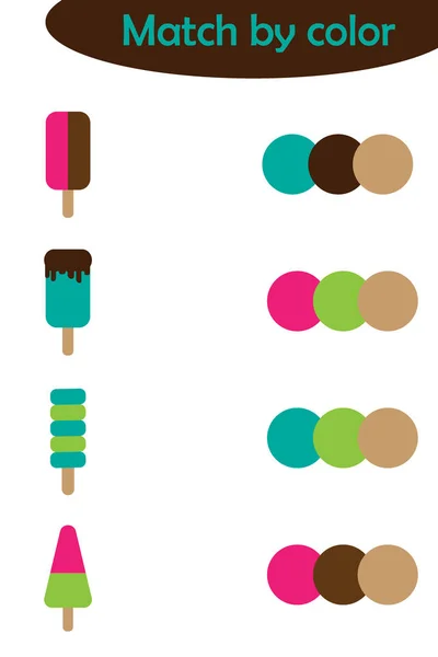 Juego que empareja para los niños, conecte el helado colorido con la misma paleta de colores, actividad de la hoja de trabajo preescolar para los niños, tarea para el desarrollo del pensamiento lógico, ilustración del vector — Vector de stock