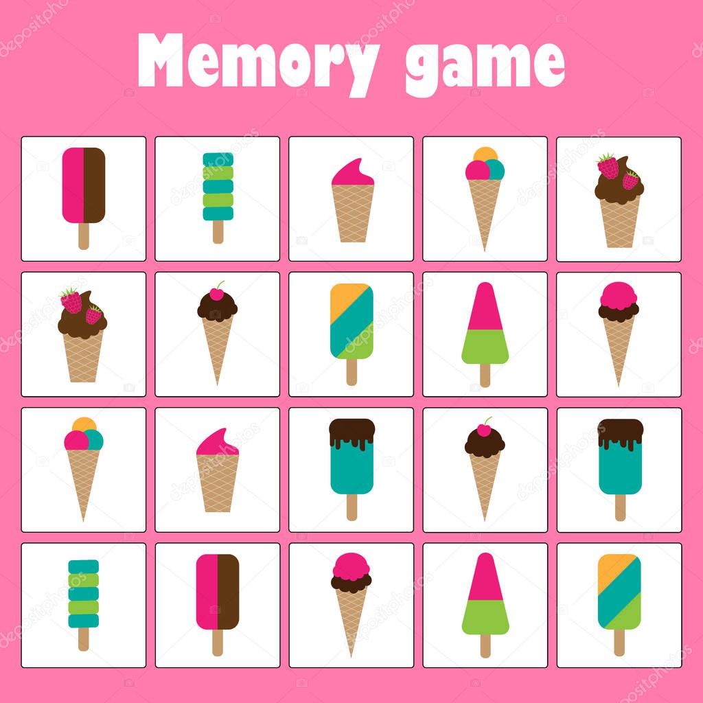 Memory game with pictures - ice creams theme for children, fun education game for kids, preschool activity, task for the development of logical thinking, vector illustration
