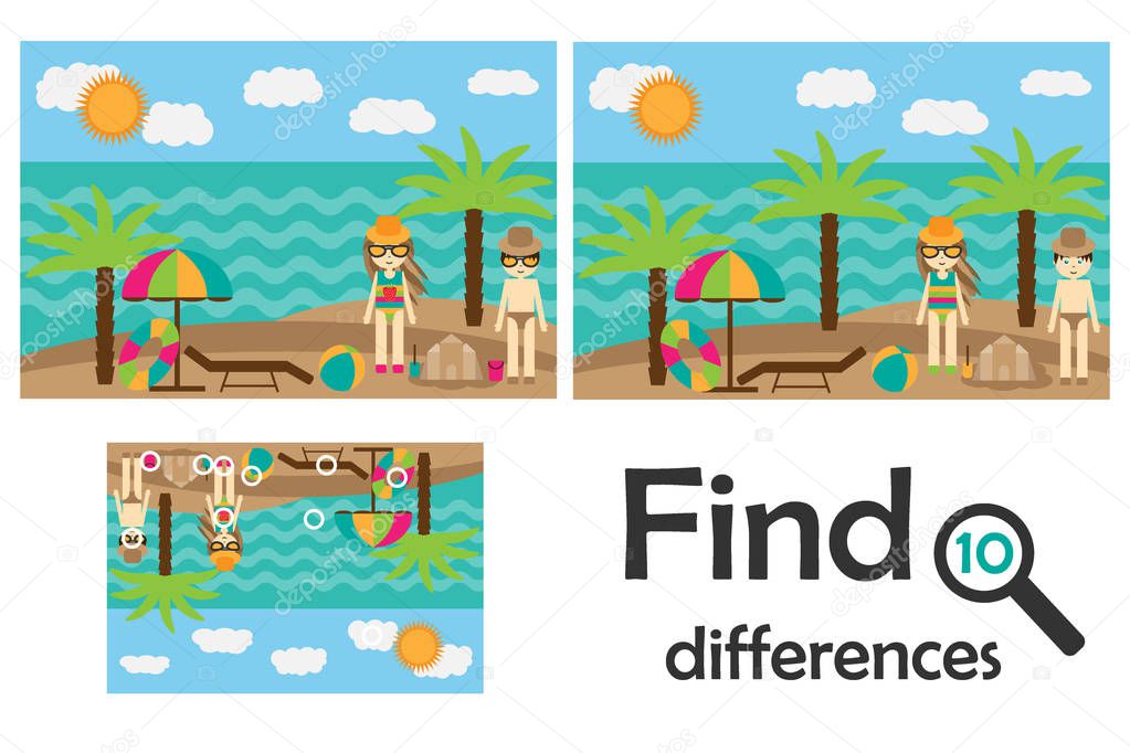 Find 10 differences, game for children, summer beach in cartoon style, education game for kids, preschool worksheet activity, task for the development of logical thinking, vector illustration