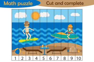 Matematik bulmaca, karikatür tarzında insanlarla yaz plaj, okul öncesi çocukların gelişimi için eğitim oyunu, makas kullanmak, görüntünün parçaları kesmek ve resmi tamamlamak, vektör illüstrasyon