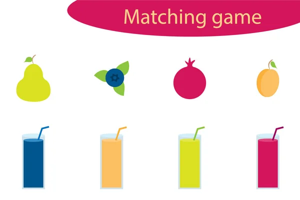 Jeu de correspondance pour les enfants, connecter les fruits colorés avec un verre de jus, activité de feuille de calcul préscolaire pour les enfants, tâche pour le développement de la pensée logique, illustration vectorielle — Image vectorielle