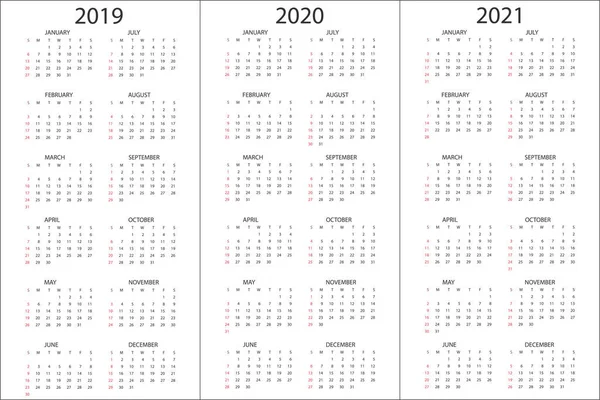 Kalendersatz 2019, 2020, 2021 Jahre, einfache Designvorlage, vertikales Format, Wochenbeginn am Sonntag, Vektorillustration — Stockvektor