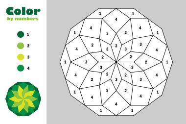 Karikatür tarzında Yeşil mandala, sayıya göre renk, çocukların gelişimi için eğitim kağıt oyunu, boyama sayfası, çocuk okul öncesi etkinlik, yazdırılabilir çalışma sayfası, vektör çizim