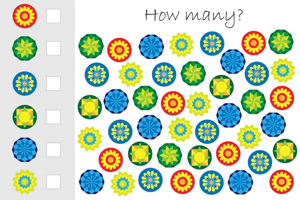 Quanti gioco di conteggio con mandala colorati per bambini, compito educativo di matematica per lo sviluppo del pensiero logico, attività foglio di lavoro prescolare, contare e scrivere il risultato, illustrazione vettoriale — Vettoriale Stock