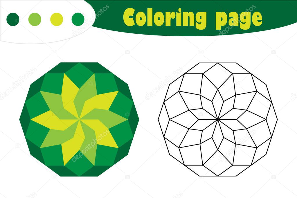 Green mandala in cartoon style, coloring page, spring education paper game for the development of children, kids preschool activity, printable worksheet, vector illustration