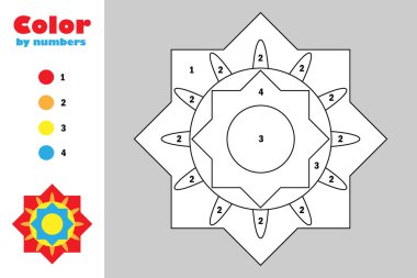 Karikatür tarzında renkli mandala, sayıya göre renk, çocukların gelişimi için eğitim kağıt oyunu, boyama sayfası, çocuk okul öncesi etkinlik, yazdırılabilir çalışma sayfası, vektör çizim
