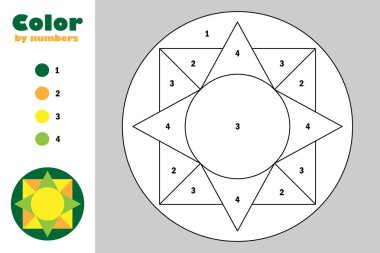 Karikatür tarzında Mandala, sayıya göre renk, çocukların gelişimi için eğitim kağıt oyunu, boyama sayfası, çocuk okul öncesi etkinlik, yazdırılabilir çalışma sayfası, vektör çizim