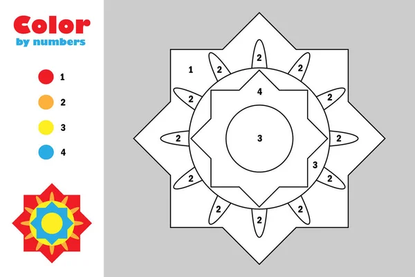 Buntes Mandala im Cartoon-Stil, Farbe für Zahl, Bildungspapier-Spiel für die Entwicklung von Kindern, Malseite, Kinder im Vorschulalter Aktivität, druckbares Arbeitsblatt, Vektorillustration — Stockvektor