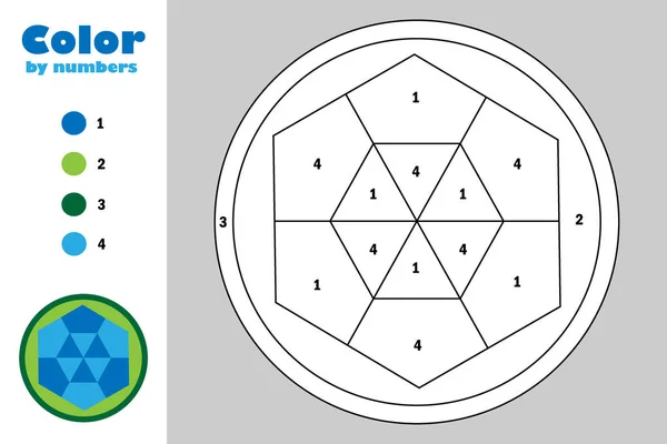Mandala i tecknad stil, färg med nummer, utbildning papper spel för utveckling av barn, målarbok, barn förskola aktivitet, utskrivbara kalkylblad, vektor illustration — Stock vektor