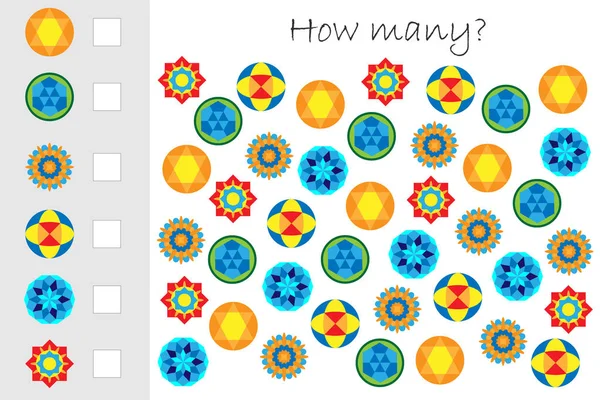 ¿Cuántos juego de conteo con mandalas para niños, tarea de matemáticas educativas para el desarrollo del pensamiento lógico, la actividad de la hoja de trabajo preescolar, contar y escribir el resultado, ilustración vectorial — Vector de stock