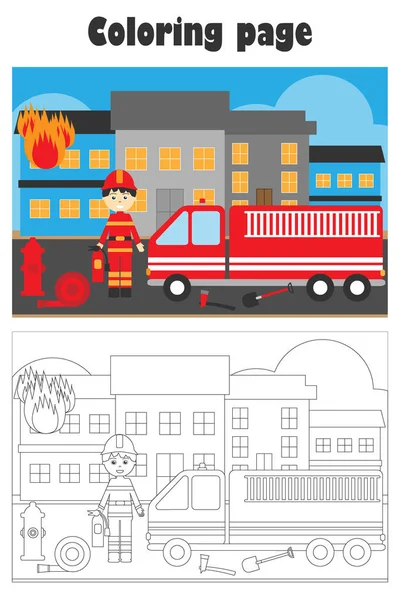 FireMan przyszedł, aby ugasić ogień, styl kreskówki, kolorowanka, edukacja papier gry dla rozwoju dzieci, dzieci przedszkole działalności, arkusz do druku, wektor ilustracji — Wektor stockowy