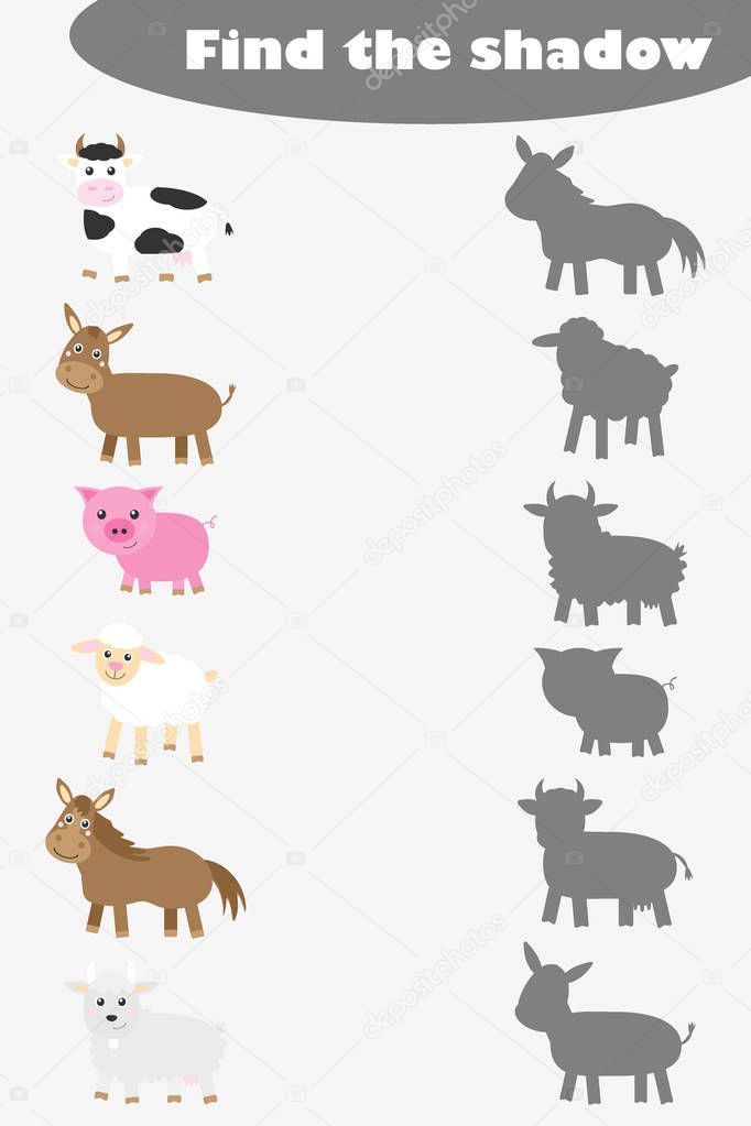 Find the shadow, game for children farm animals in cartoon style, education game for kids, preschool worksheet activity, task for the development of logical thinking, vector illustration